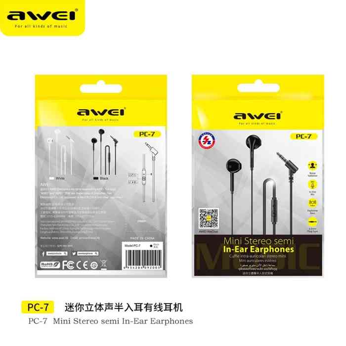 Awei PC-7 Wired Earphones 3.5mm Jack Earbuds Stereo Bass Sound Earphone Headset With Microphone